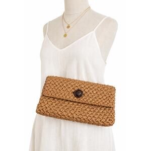 Vintage Koret Woven Straw Clutch Leather Lined Boho 70s